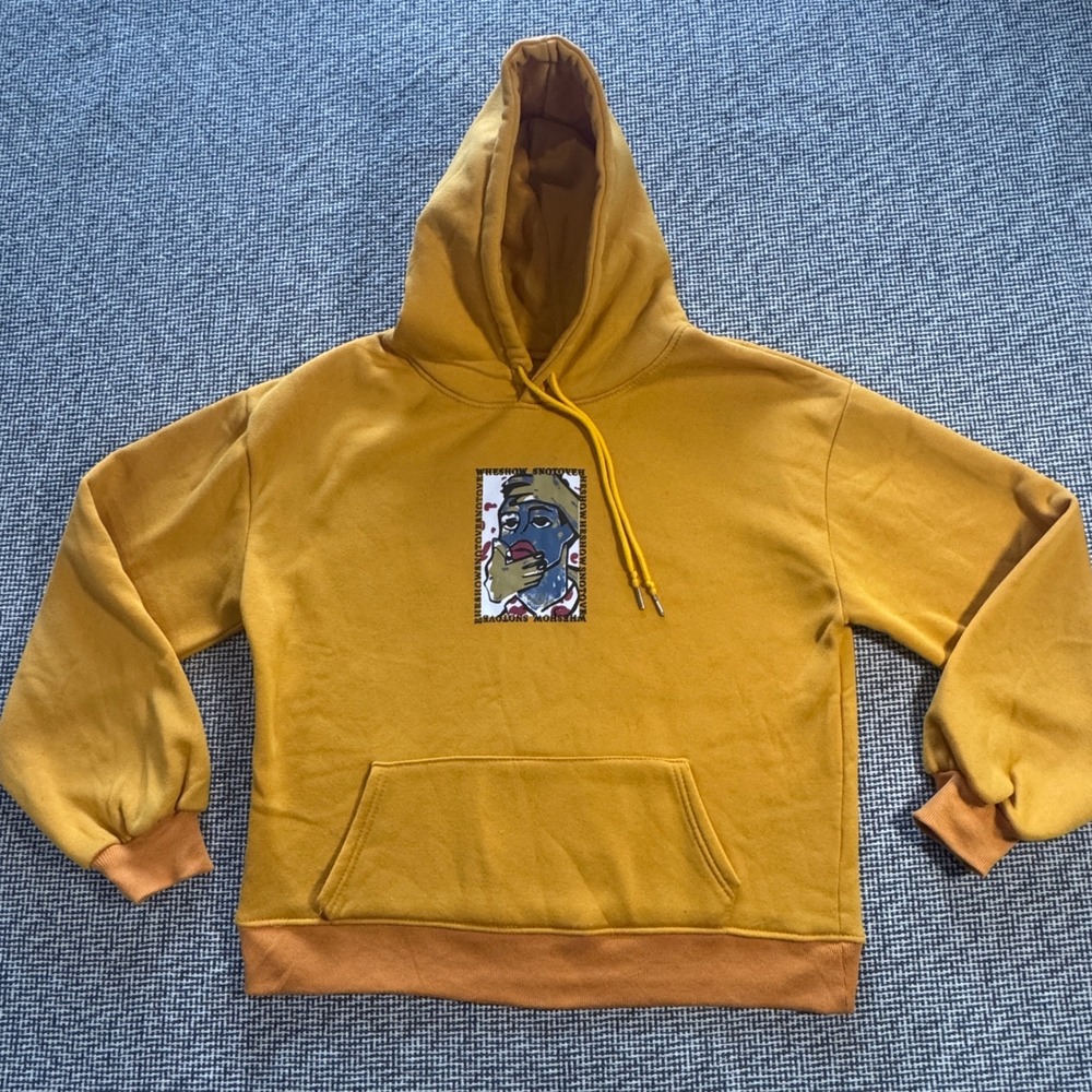 Mustard Yellow Graphic Hoodie Streetwear Art Print Pullover XL
